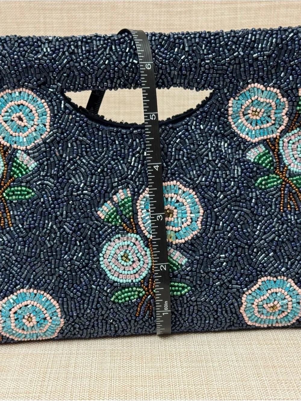 Embroidered Navy Beaded Floral Wristlet Clutch